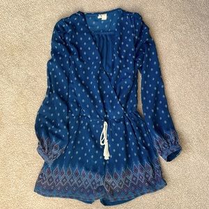 Japna Romper with decorative drawstring waist navy blue. Long sleeved